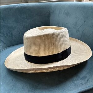 Cream and Black Panama Hat with Wide Brim and Fine Craftsmanship